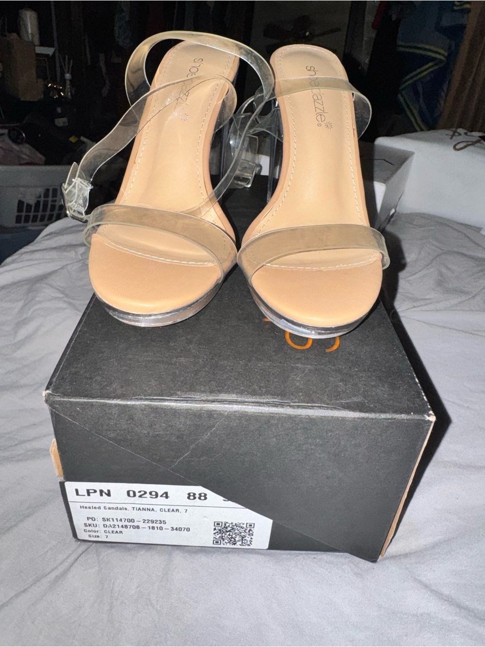 Shoe Dazzle Clear-Strap Tan Block Heel Sandal